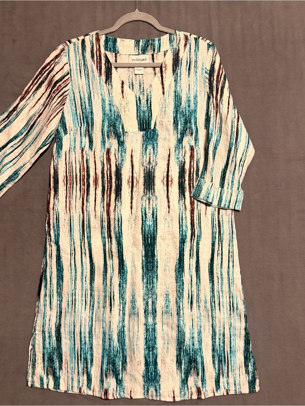 Peck & Peck Blue Abstract Print 100% Linen Shift tunic Dress Womens M 3/4 Sleeve